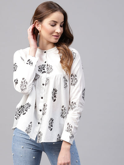 Nayo White Printed Full sleeve cotton flared Tunics
