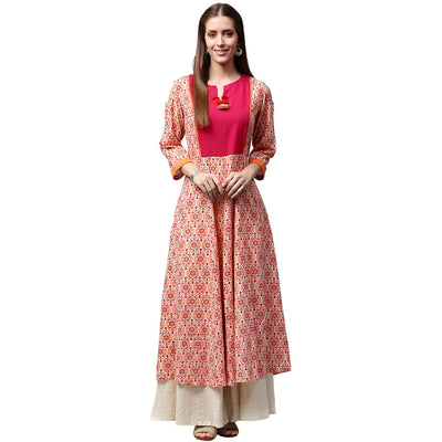 Nayo Peach printed 3/4th sleeve cold shoulder cotton slub Anarkali kurta