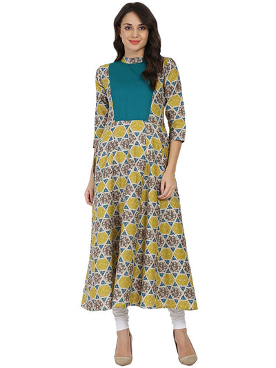 Nayo Yellow & grey printed 3/4th sleeve cotton anarkali kurta