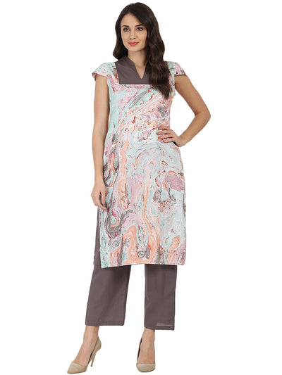 Nayo Multi Marbal printed Cotton sleeveless kurta with grey palazzo