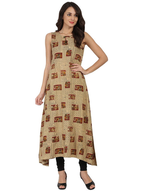 Nayo Beige printed sleeveless cotton Anarkali kurta