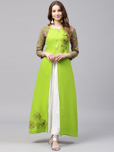 Nayo Green 3/4 sleeve cotton block printed A-line kurta with front cut