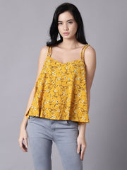 Daima Women Mustard yellow Casual Printed Shoulder Straps Top