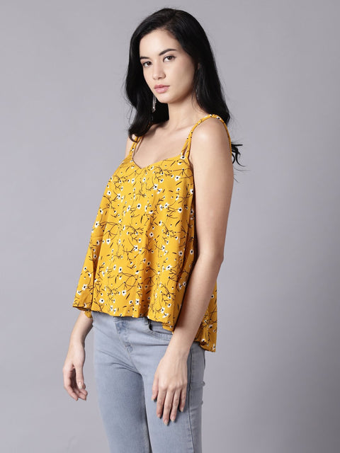 Daima Women Mustard yellow Casual Printed Shoulder Straps Top