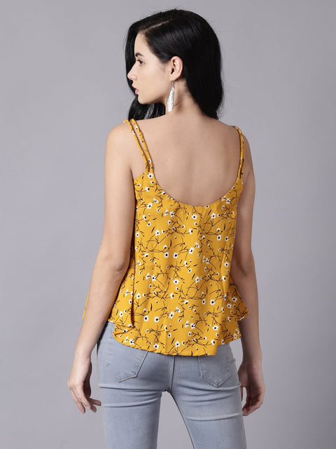 Daima Women Mustard yellow Casual Printed Shoulder Straps Top