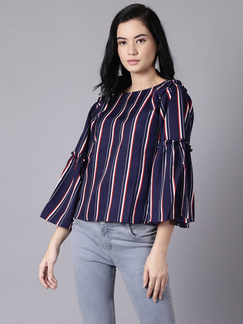 Women Navy Blue Stripes  Printed Top With Three Quarter Sleeves