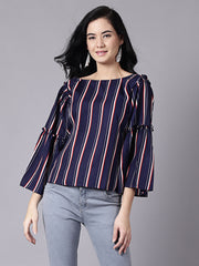 Women Navy Blue Stripes  Printed Top With Three Quarter Sleeves