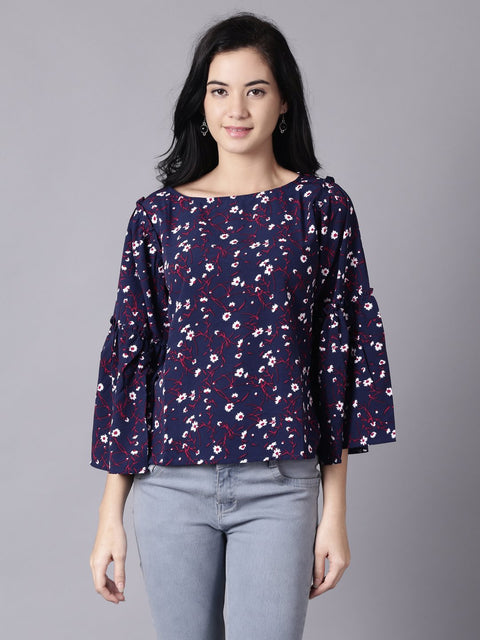Daima Women Navy Blue Casual Printed Boat Neck Top