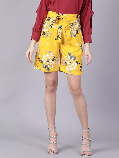 Daima Women Mustard yellowSlip-On Printed  Polyester Shorts