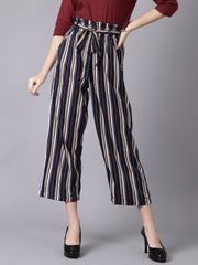 Daima Women Navy Blue Striped Casual Crepe Trouser