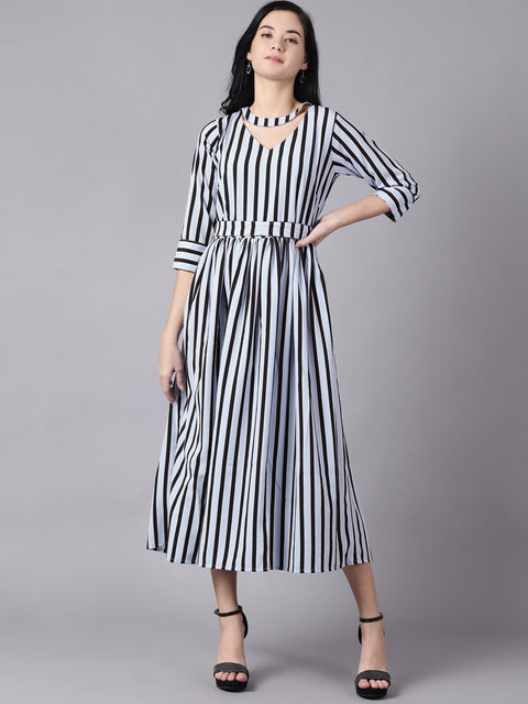 Daima Women Sky Blue Striped Striped Choker Neck A-Line Dress