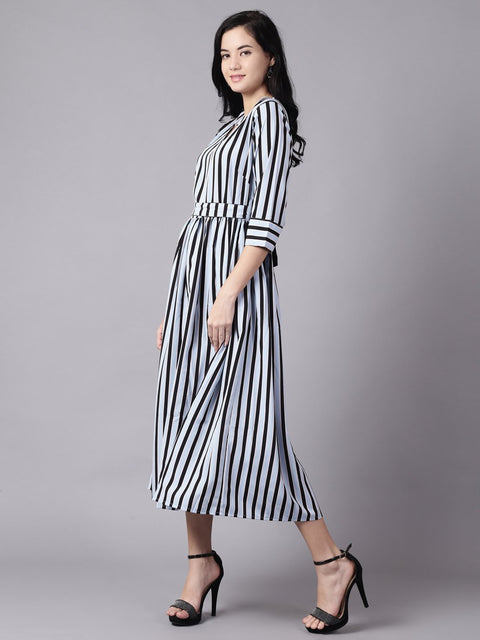 Daima Women Sky Blue Striped Striped Choker Neck A-Line Dress