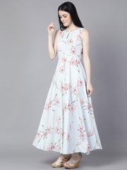 Women Blue Floral Printed Sleevless Maxi Dress