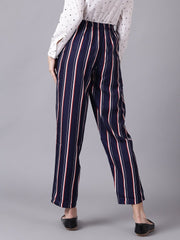 Daima Women Navy Blue Striped Casual Crepe Trouser