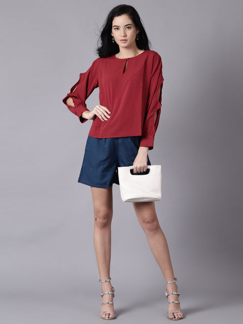 Daima Women maroon Casual Solid Keyhole Neck Top