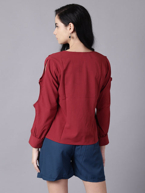 Daima Women maroon Casual Solid Keyhole Neck Top