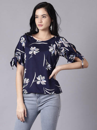 Daima Women Navy Blue Casual Printed Round Neck Top