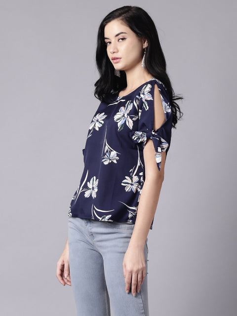 Daima Women Navy Blue Casual Printed Round Neck Top
