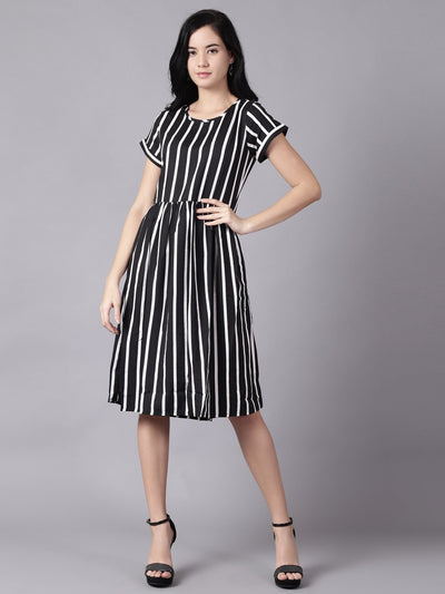Daima Women Black Striped Striped Round Neck A-Line Dress