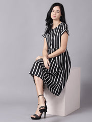 Daima Women Black Striped Striped Round Neck A-Line Dress