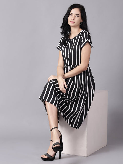 Daima Women Black Striped Striped Round Neck A-Line Dress
