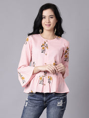 Daima Women Baby Pink Casual Printed Round Neck Top