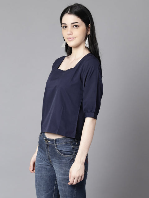 Daima Women Navy Blue Casual Solid Square Neck Top