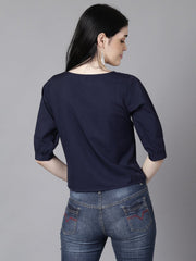 Daima Women Navy Blue Casual Solid Square Neck Top