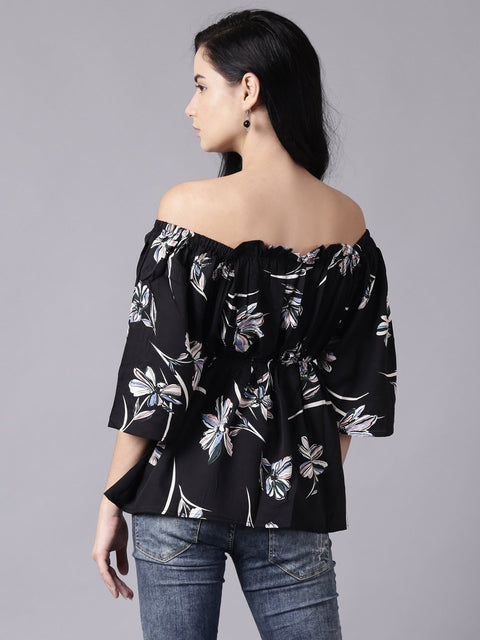 Women Black Floral Printed Top With Three Quater Sleeves