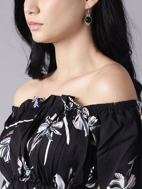Women Black Floral Printed Top With Three Quater Sleeves