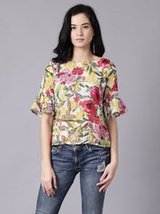 Daima Women Off-white Casual Printed Round Neck Top