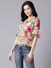 Daima Women Off-white Casual Printed Round Neck Top