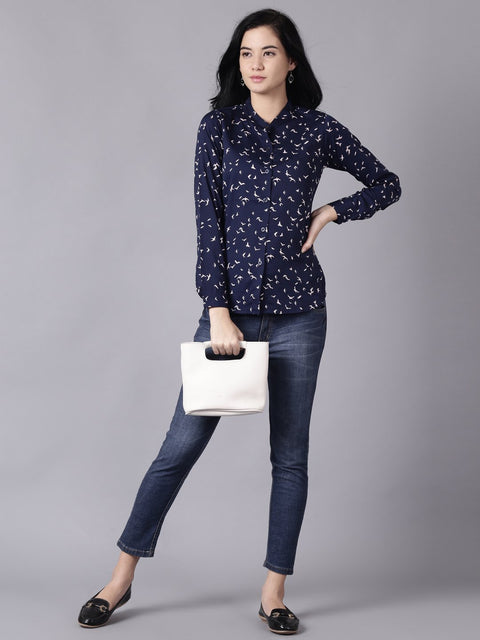 Daima Women Navy Blue Regular Printed Mandarin Collar Crepe Shirt