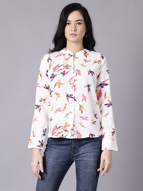 Daima Women White Regular Printed Mandarin Collar Crepe Shirt