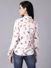 Daima Women White Regular Printed Mandarin Collar Crepe Shirt