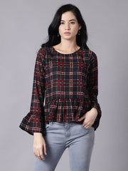 Daima Women Blue Casual Checked Round Neck Top