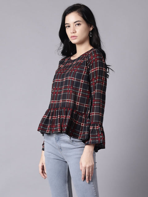Daima Women Blue Casual Checked Round Neck Top