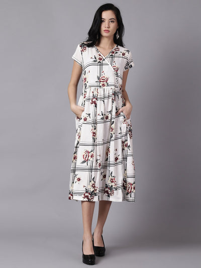 Daima Women White Floral Printed V-Neck Fit and Flare Dress