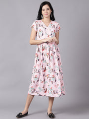 Daima Women Pink Floral Printed V-Neck Fit and Flare Dress