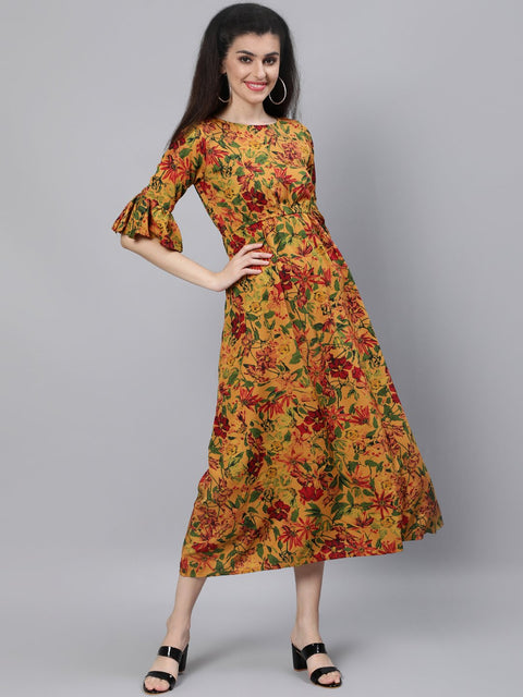 Women Mustard Printed Maxi Dress With Flared Sleeves