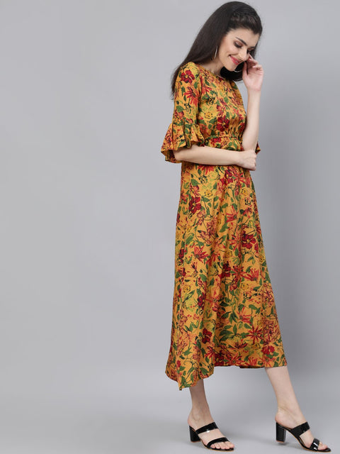 Women Mustard Printed Maxi Dress With Flared Sleeves