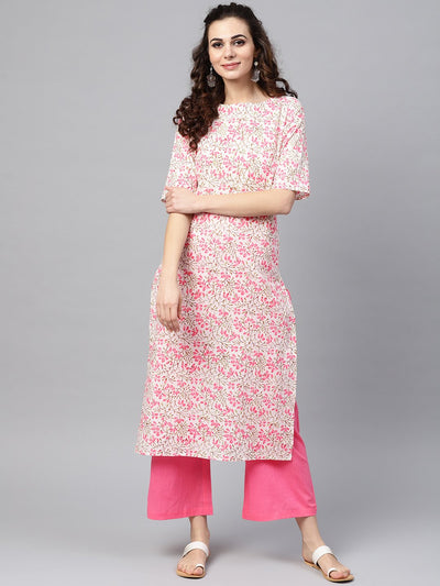 Nayo White printed Floral Straight Kurta Set with Solid pink pants