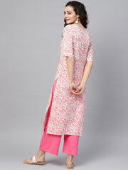 Nayo White printed Floral Straight Kurta Set with Solid pink pants