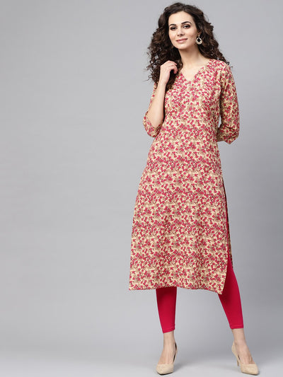 Nayo Rani Pink & beige Straight kurta with Round neck v slit & 3/4 sleeves