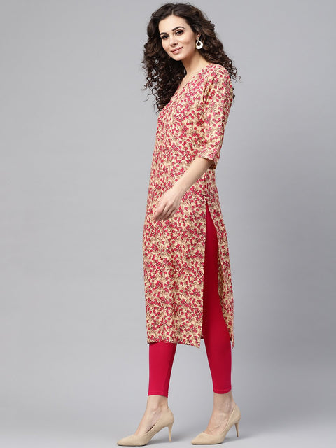 Nayo Rani Pink & beige Straight kurta with Round neck v slit & 3/4 sleeves