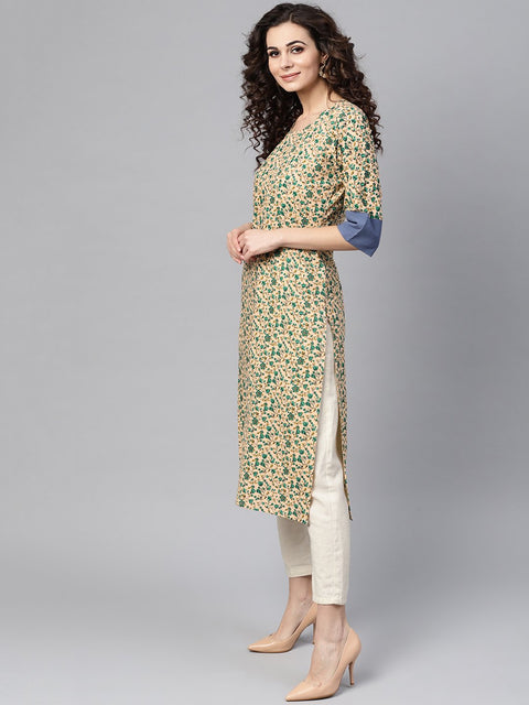 Nayo Beige Multi-Colored Straight Kurta with Round Neck with Solid Blue Cuff detailing
