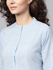 Nayo Light Blue Stripped Straight Kurta with Mandarin collar & 3/4 Sleeves