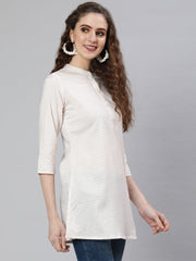 Women Off-White and Pink Printed Straight Tunic With Three Quarter Sleeves