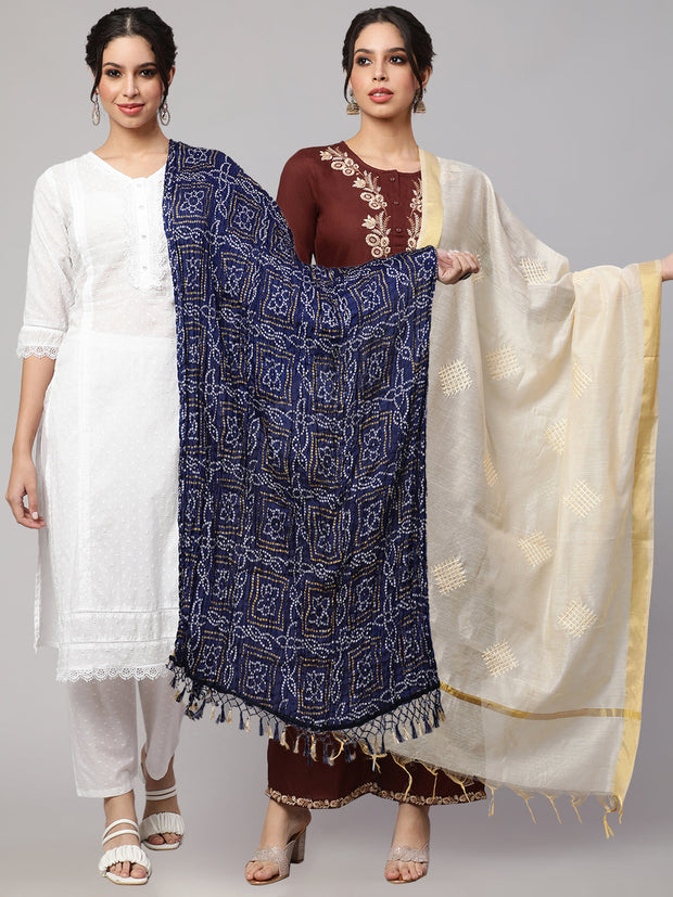 Women Blue Bandhini And Beige Solid Dupatta Combo, Pack Of Two