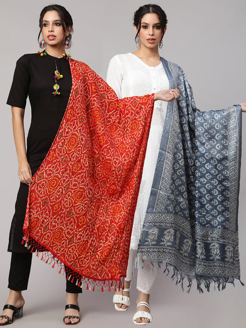 Women Grey Printed And Red Bandhini Dupatta Combo, Pack Of Two